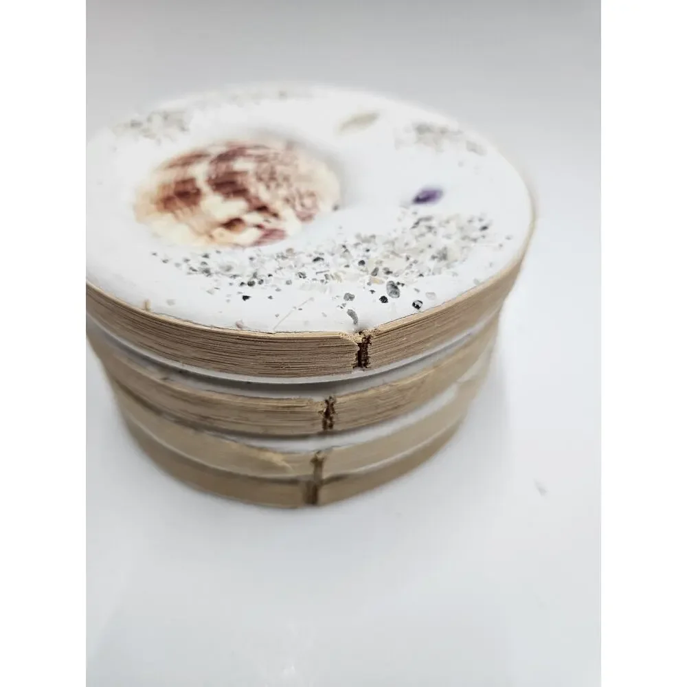 4 Beach Coasters Coastal Decor Seashells Sand Sea Glass 4.25” Round Cork Back